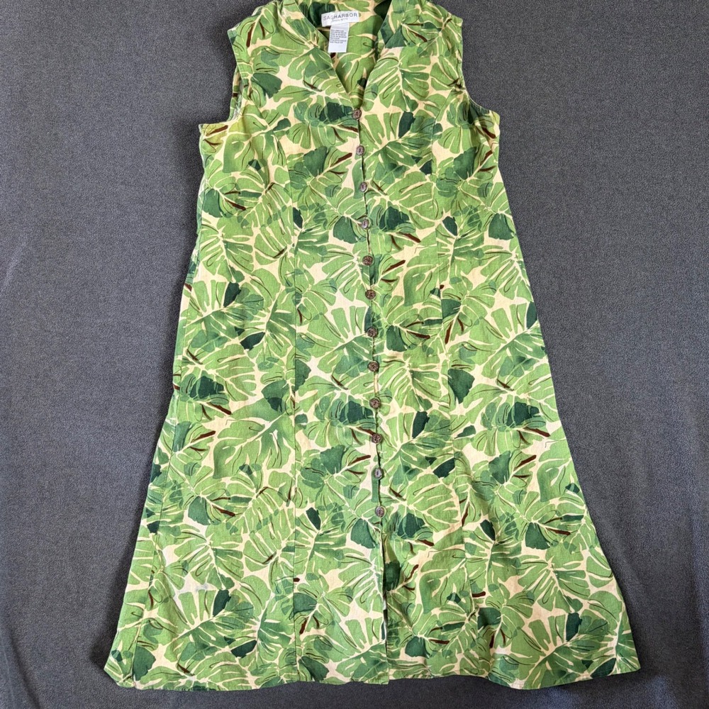 Sag Harbor Dress Petite 14P Green Tropical Monstera Linen Blend Midi